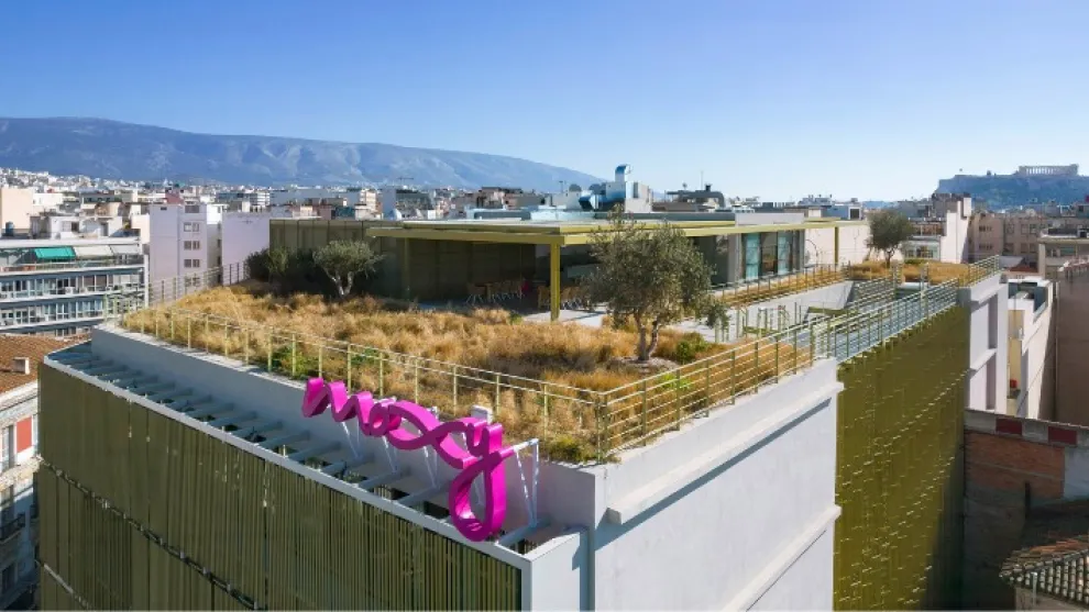 Moxy Athens Hotel Rooftop Artevia Stone image from drone